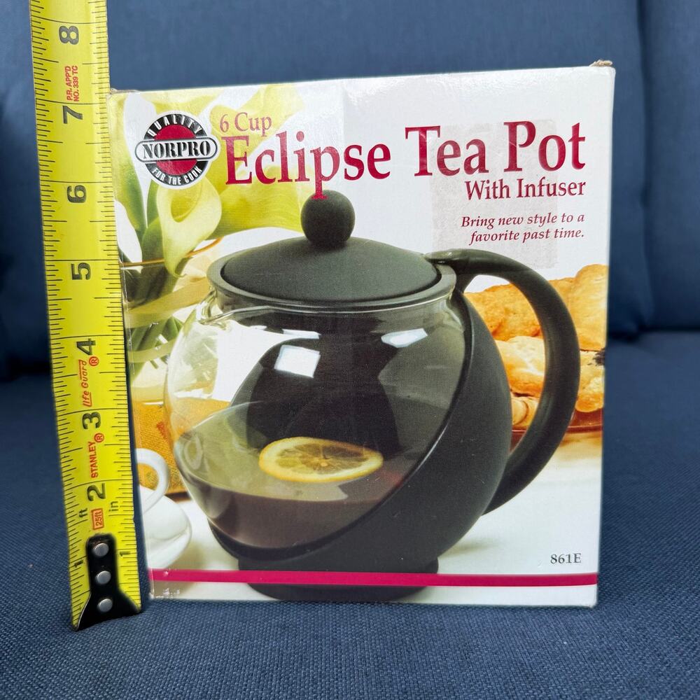 Norpro Eclipse Tea Pot with Infuser 6 Cup Tempered Glass Stainless Steel NOS